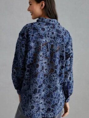 Anthropologie x Pilcro Sheer Lace Denim Applique Button Floral Blouse Size M